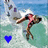 A pixelated image of a person surfing on a wave with a blue heart symbol in the corner.