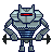 Pixel art of a robotic cat lifting a barbell, featuring gray and blue armor with a red horizontal eye stripe on a solid light gray background.