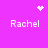 Pixelated icon with four instances of the name 'Rachel' on a solid purple background, featuring three distinct white pixel-art symbols.