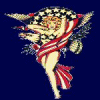 Animated icon shows a figure in patriotic attire with American flag elements, transitioning from static pose to dynamic movement against dark blue background.