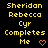 Yellow pixelated text on black background reads 'Sheridan Rebecca Cyr Completes Me' with orange heart and checkmark symbols changing across frames.