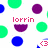 Pixelated graphic with scattered colored circles and a central purple semicircle above pink text reading 'lorrin' on white background.
