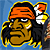 Pixelated cartoon character with orange headband and feather, displayed in a 2x2 contact sheet with one frame showing text on a sword-like object.