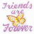 A static image with 'Friends are Forever' text, a yellow butterfly, and heart patterns on black background.