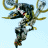 Pixelated figure in dynamic pose with extended limbs, wearing dark outfit and gold accents against light blue background.