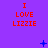 Purple background with red text "I LOVE LIZZIE" repeated in a pattern, blue plus and star symbols scattered across the image