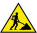 Yellow triangular warning sign with black border showing a worker shoveling, varying in pose and background shape across frames.