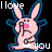 Pixelated pink rabbit with blue outline holding a hand gesture, surrounded by 'I love you' text on black background.