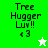 Pixelated text 'Tree Hugger Luv!! <3' appears on green and white backgrounds with a small star icon, one white and one green.