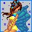 Pixel art animation of a fairy-like character with brown hair, blue star accessories, yellow bikini top and bottom, large teal wings, and blue cross-shaped background elements across three frames.