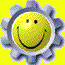 Three identical static frames of a cartoon smiley face icon with gear-like border on yellow background.