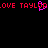Red pixelated text reading LOVE TAYLOR repeated twice on a black background with a single pink pixel cluster in the center.
