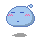 Four pixelated blue blob characters with closed eyes, pink blush marks, and small blue antennae, arranged in a on a gray background