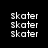 Pixelated text 'skater' repeated in a pattern with red horizontal bars overlaying some on a black background