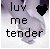Pixelated image with black text reading 'luy me tender' over a gray gradient background and a solid black heart symbol.