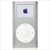 Pixelated silver device with circular white control pad and blue square icon on light gray screen.
