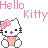 Pixel art contact sheet showing two Hello Kitty frames with pink text above, each featuring a white cat character with black eyes and nose, pink bow, and peach dress on gray background.