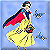 Pixelated figure in yellow dress with red cape and blue accents, holding a dark object, against light blue background with two small dark shapes.