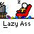 Pixel art contact sheet showing four frames of a red chair animation with a stick figure watching TV, labeled "Lazy Ass" in white text below each frame.