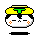 Pixelated cartoon head with yellow halo, green T-shaped symbol on forehead, closed eyes, orange cheek marks, black outline.