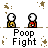 Pixel art animation of two characters in a poop fight with changing expressions and a growing pile of brown poop on a white background with brown speckles.