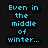 Pixelated cyan text on dark backgrounds with a split image showing autumn trees and white spheres, one sphere containing an orange dot.