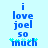 Blue pixelated text on light blue background reads 'i love joel so much' with cyan starbursts under 'much'.