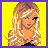 Pixelated image of a blonde woman with blue eyes, black top, and black boots on yellow background with purple text.