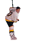 Four of a hockey player in white, yellow, and black uniform holding a hockey stick against gray background