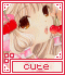 Pixelated anime-style character with blonde hair and large brown eyes, holding red cherries against a pink background within a red-bordered frame.