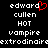 Pixelated text displays 'edward cullen HOT vampire' with a red heart symbol over the 'd' in 'edward', all on black background.