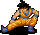 Pixelated character in orange and blue outfit with black hair, shown in two side-by-side poses against gray background.