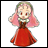 A pixelated anime-style character in a red dress with pink hair and green accents, next to stylized text on a black background.