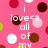 Pink background with scattered round dots in red, white, brown, and green; pixelated text reads "i love all of my".