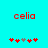 Red text 'celia' on cyan background with two of red and gray star-like symbols, one showing a different symbol sequence
