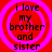 Four identical circular icons with red backgrounds and pink concentric rings display black text reading "i love my brother and sister" in a pixelated font.
