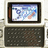 Pixelated image of a handheld device with a screen showing abstract shapes and a keyboard below, next to blue background with text.