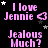 Animated text displays alternating phrases 'I love Jennie' with a heart symbol and 'Jealous Much?' on a black background with scattered stars.