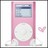 Pixelated pink digital music player with circular control and small screen, accompanied by a smaller heart-shaped icon on the right.