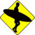 Yellow diamond-shaped sign with black silhouette of a person holding a long object, possibly a weapon, against a white background.