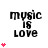 Black text 'music is love' on white background with red heart symbols varying in quantity per
