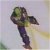 Pixelated figure in green and purple attire with arms raised against a light gradient background.