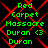 Green text reading "Red Carpet Massacre Duran <3 Duran" on black background with red X-pattern, displayed in four identical arranged in a