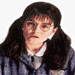 A character with dark hair in pigtails wears a blue striped shirt and white collar, shown across with varying opacity overlays of text