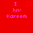 Red background with pink pixelated text reading "I luv Kareem" and a faint red heart outline above the left copy of the text.