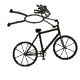 Black-and-white stick figure on bicycle with arms outstretched, front wheel showing radial spokes and rear wheel displaying cross-spoke pattern.