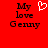 Red background with black text reading 'My love Genny' and a white pixelated heart symbol above the word 'love'.