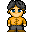Pixel art character in orange shirt and dark pants with multiple poses including standing, arms crossed, pointing, and transforming into red/yellow armored form.