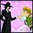 A 48x48 pixel animated contact sheet showing two frames of an anime-style buddy icon with a pink background and black text panel, featuring two characters holding hands.