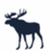Pixelated dark blue moose silhouette with large antlers, standing in profile facing left against a white background.